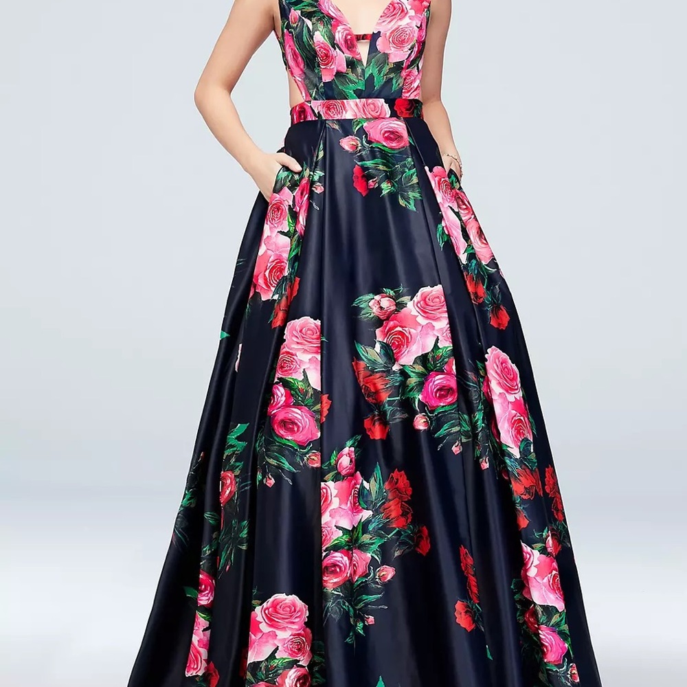 JOVANI printed satin v-neck ball gown with side cutouts (PROM DRESS)Beautiful
